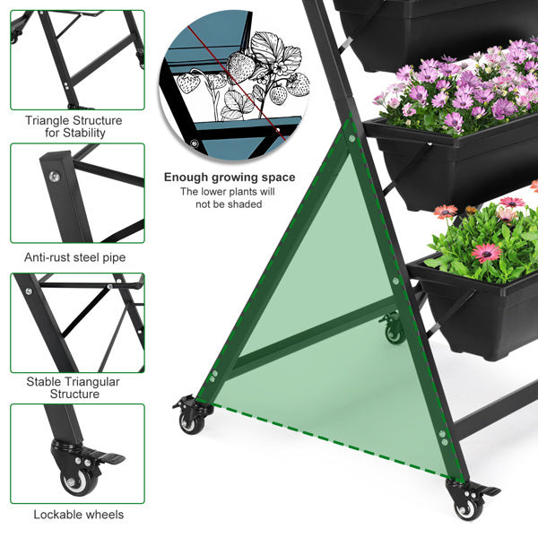 5-Tier Mobile Vertical Planter – Black PE Garden Bed with Wheels