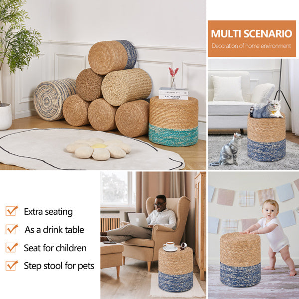 Handwoven Cattail Footstool – Natural & Blue, Sturdy Wooden Frame