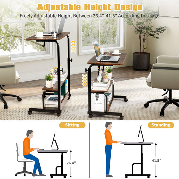 Adjustable Computer Desk with USB Ports & AC Outlets – Retro Brown