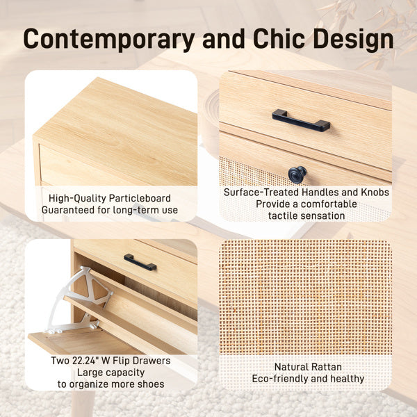 Rattan Shoe Cabinet with 2 Storage Bins, Drawer & Iron Legs – Natural & Black