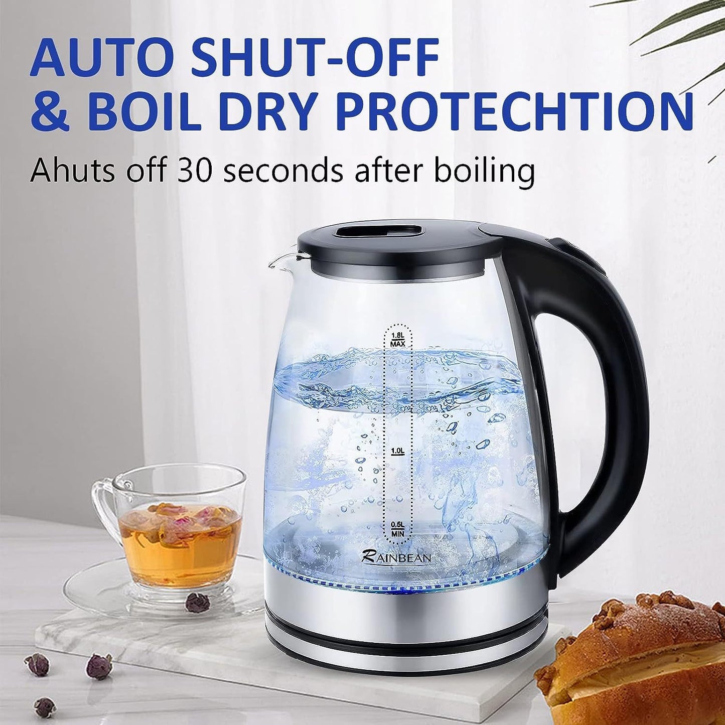 Electric Stainless Steel Glass Kettle Auto Shut-off 1.8L