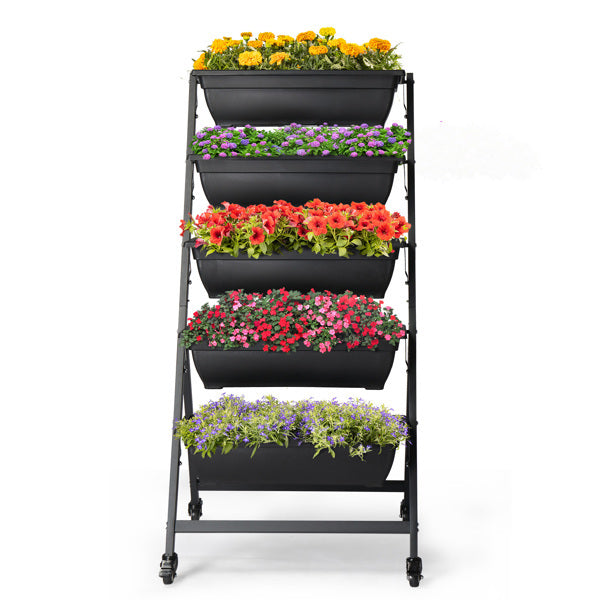 5-Tier Mobile Vertical Planter – Black PE Garden Bed with Wheels