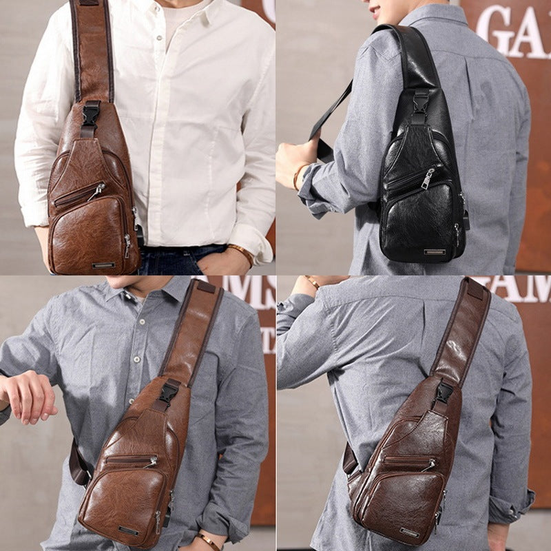 PU Leather USB Charging Chest Crossbody Bag