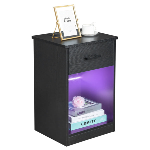 Single-Drawer Bedside Table with LED Light & Charging Station – Black