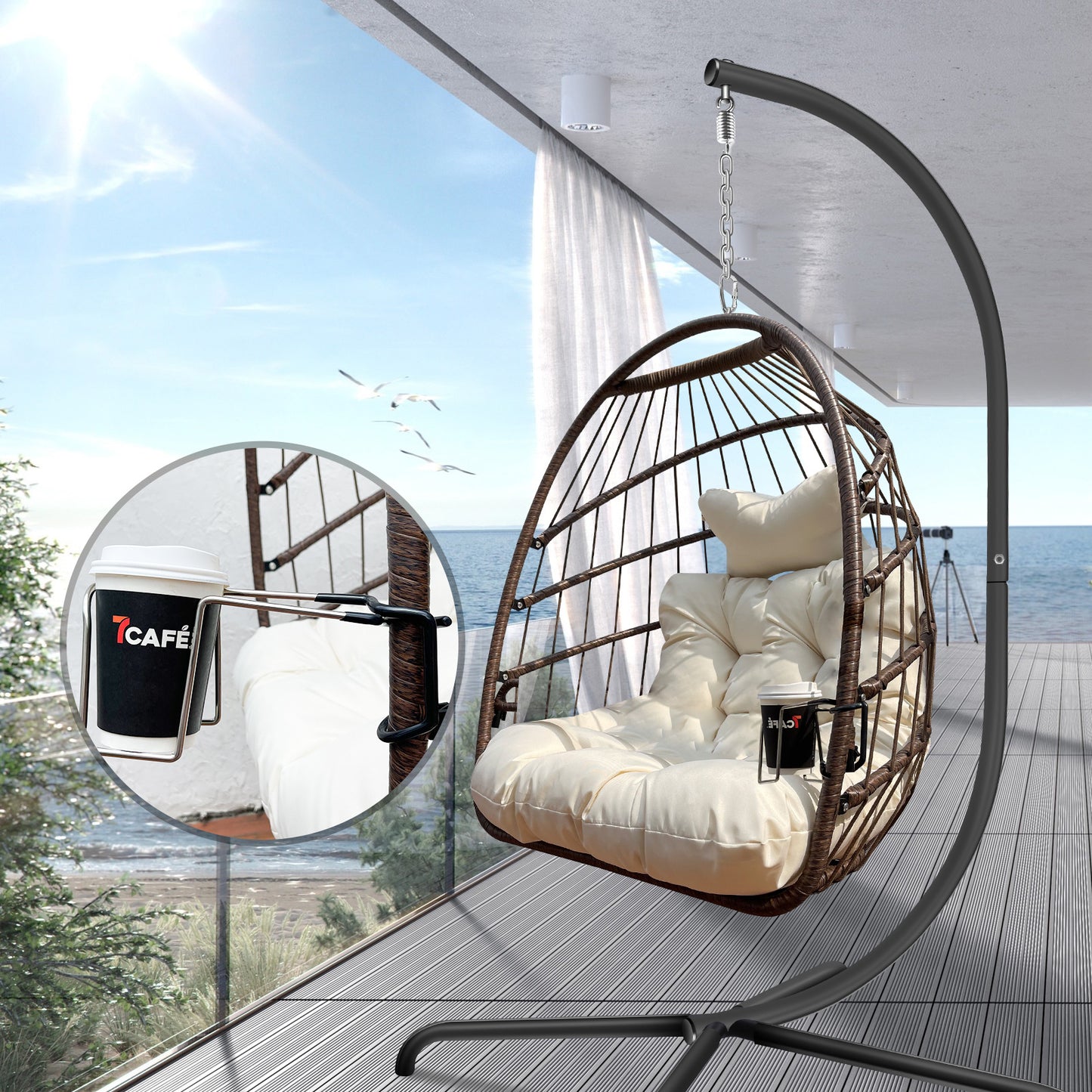Anti-Rust Egg Hammock Chair With Guardrail Cup Holder