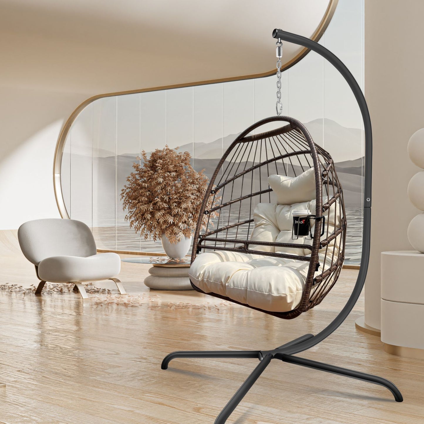 Anti-Rust Egg Hammock Chair With Guardrail Cup Holder