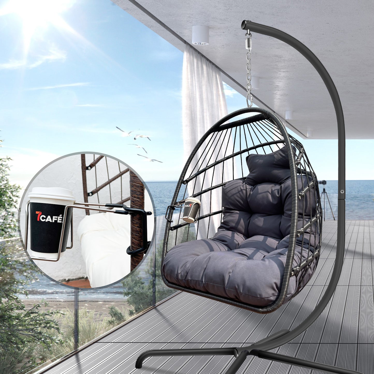 Anti-Rust Egg Hammock Chair With Guardrail Cup Holder