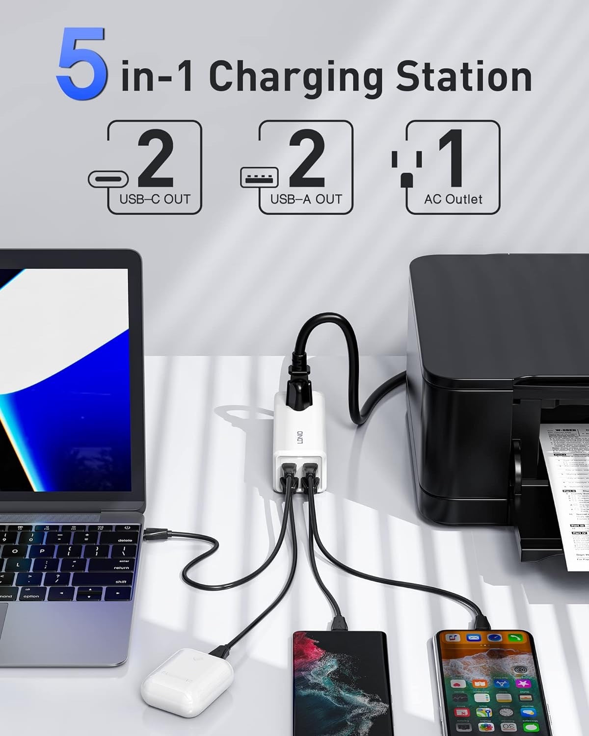 High-Speed 65W 5-in-1 GaN USB-C Charging Station with Power Strip