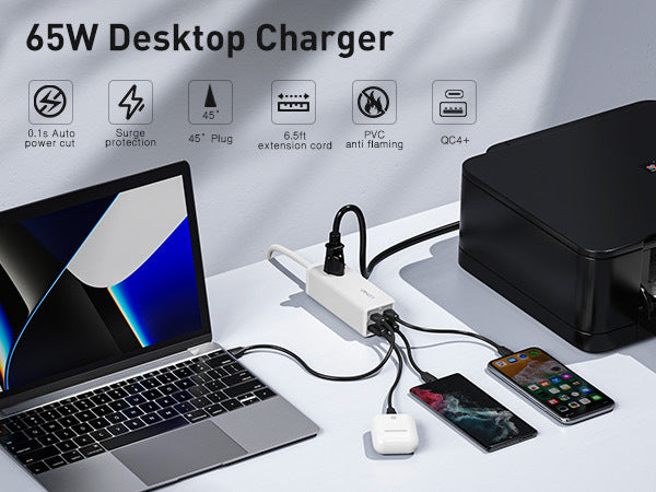 High-Speed 65W 5-in-1 GaN USB-C Charging Station with Power Strip