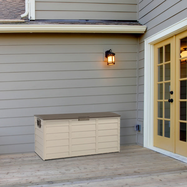 75-Gallon Outdoor Storage Box with Wheels – Brown, Weather-Resistant
