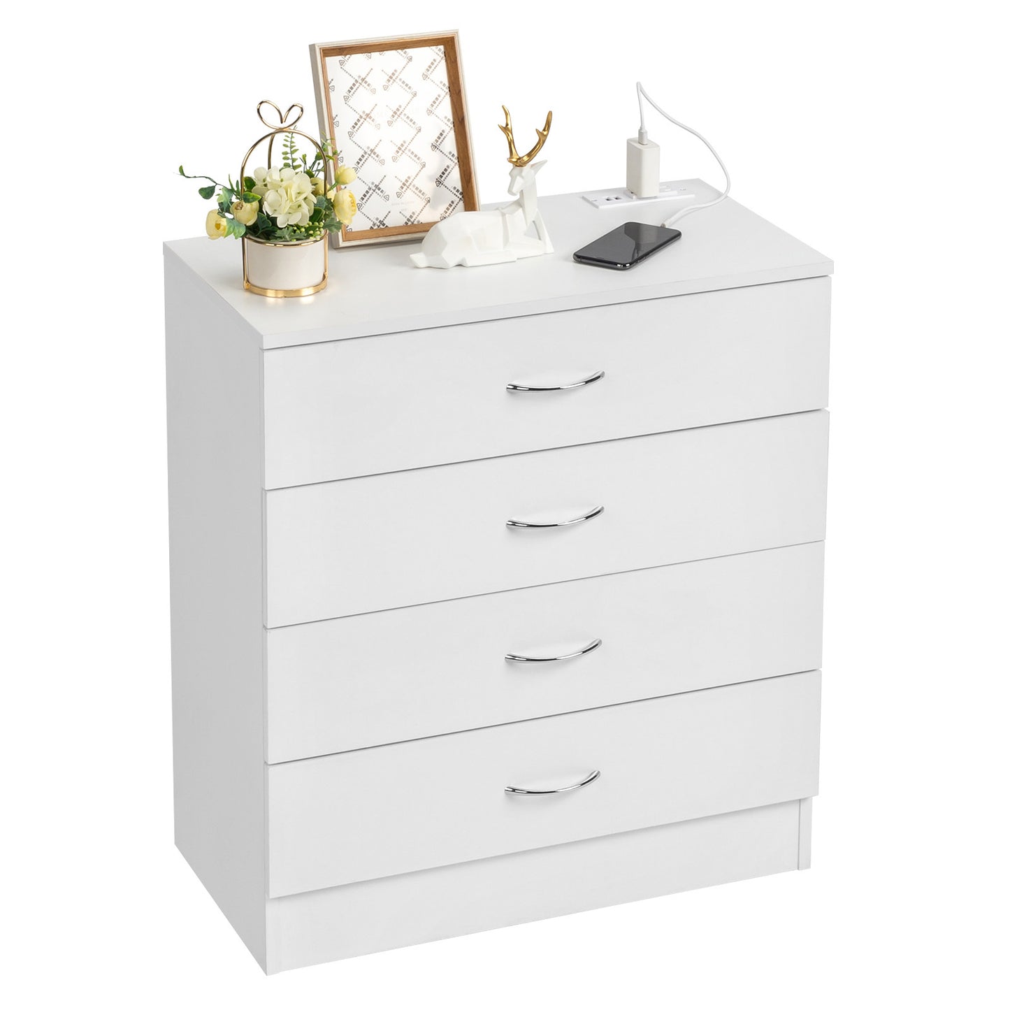 4-Drawer Bedside Table with USB Ports & Power Outlets – White