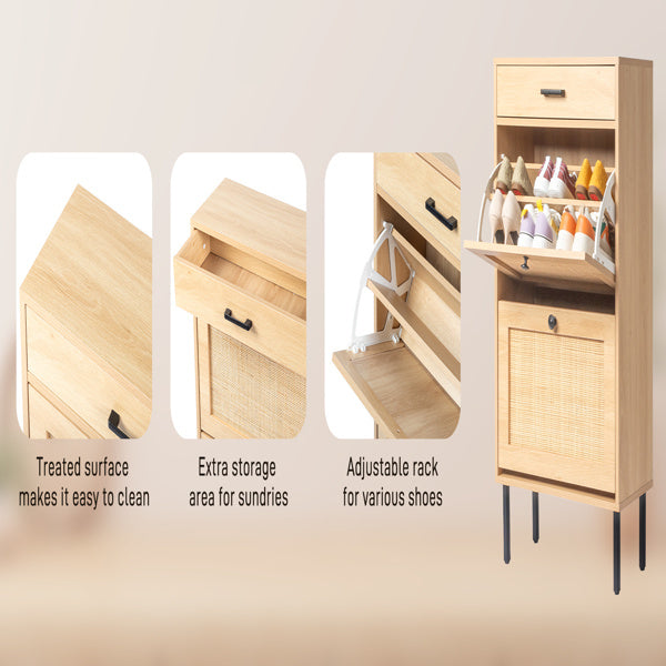 Rattan Shoe Cabinet with 2 Storage Bins, Drawer & Iron Legs – Natural & Black
