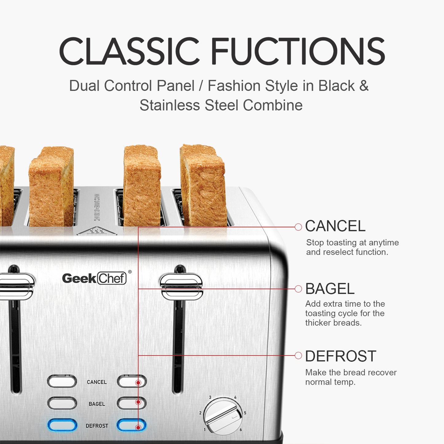 Stainless Steel Wide Slot 4 Slice Toaster Dual Control Panels