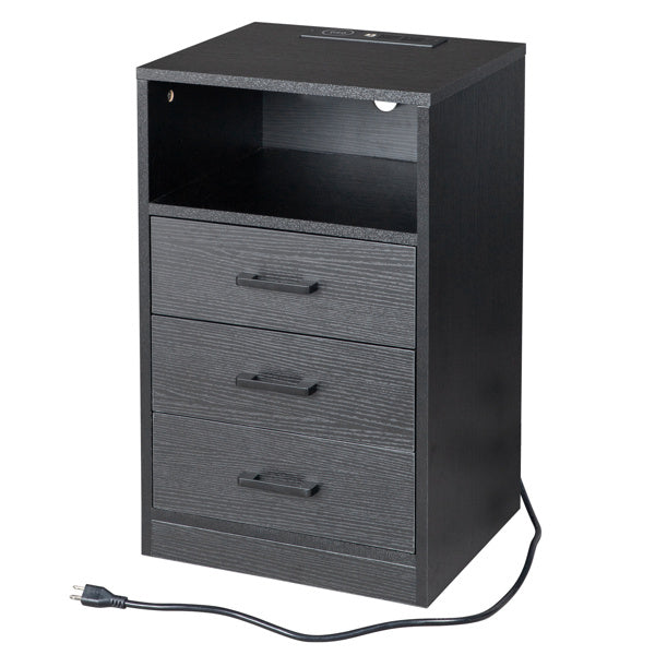 3-Drawer LED Bedside Table with USB Ports & Wireless Charging – Black