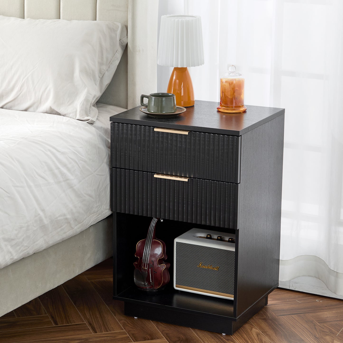 Black 2-Drawer Bedside Cabinet – Wave Pattern Design, Compact Storage