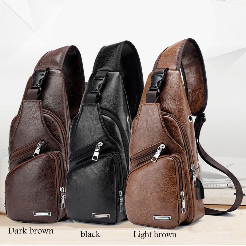 PU Leather USB Charging Chest Crossbody Bag