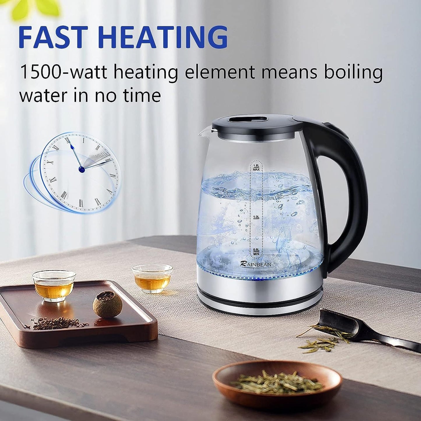 Electric Stainless Steel Glass Kettle Auto Shut-off 1.8L