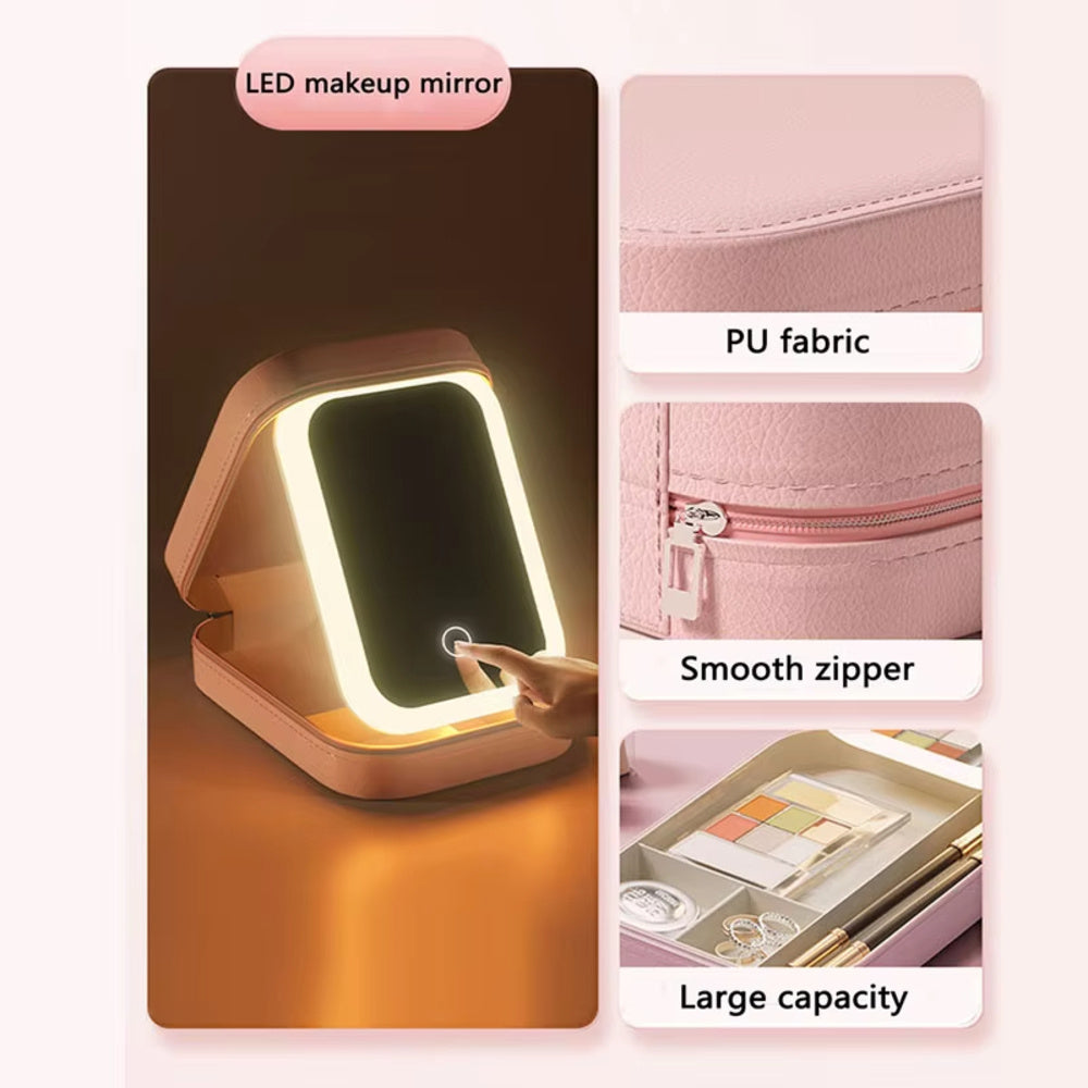 LED Mirror Makeup Bag Portable Cosmetic Storage Box