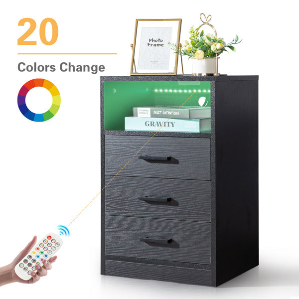 3-Drawer LED Bedside Table with USB Ports & Wireless Charging – Black