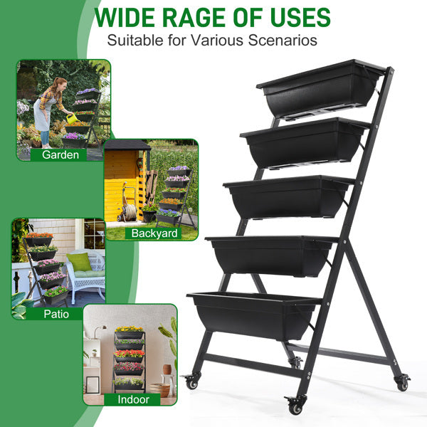 5-Tier Mobile Vertical Planter – Black PE Garden Bed with Wheels