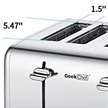 Stainless Steel Wide Slot 4 Slice Toaster Dual Control Panels