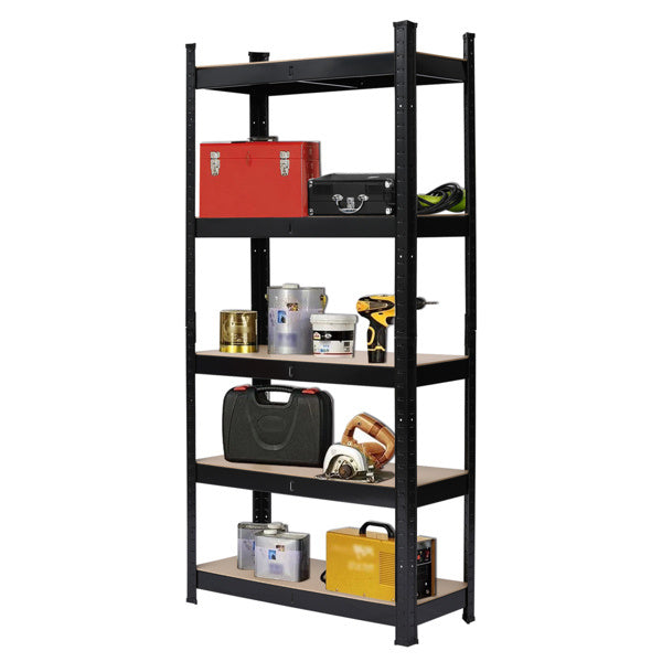 5-Tier Black Metal Storage Rack – Heavy-Duty Shelving with MDF Boards