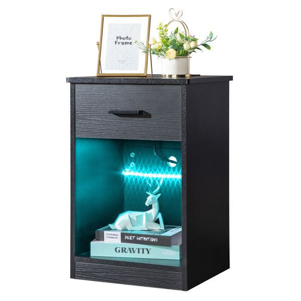 Single-Drawer Bedside Table with LED Light & Charging Station – Black