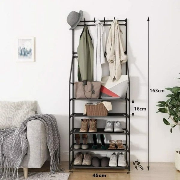 5-Tier Freestanding Entryway Shoe & Coat Rack with 8 Hooks
