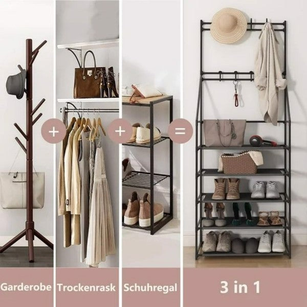 5-Tier Freestanding Entryway Shoe & Coat Rack with 8 Hooks