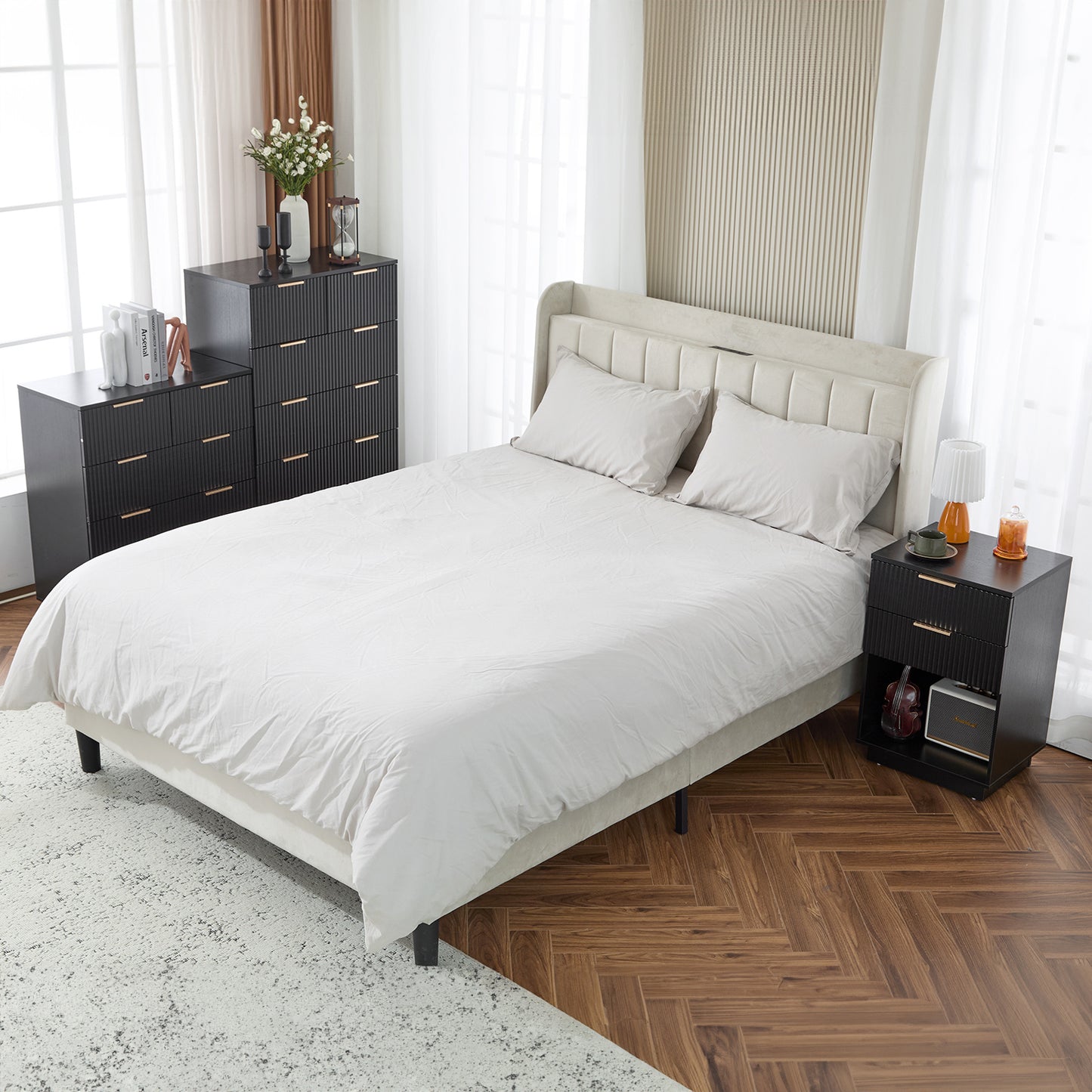 Black 2-Drawer Bedside Cabinet – Wave Pattern Design, Compact Storage