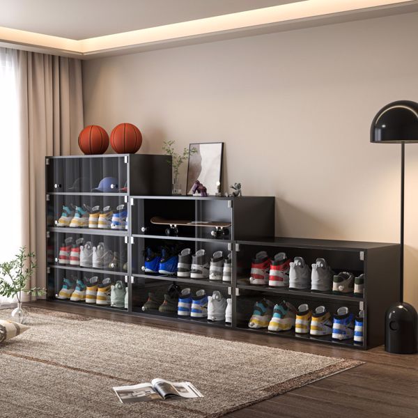 Black Glass Shoe Cabinet with RGB LED Lights – Stackable Display