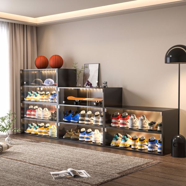 Black Glass Shoe Cabinet with RGB LED Lights – Stackable Display