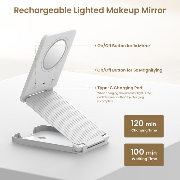 Rechargeable Travel Makeup Mirror with LED Lights & 5X Magnification