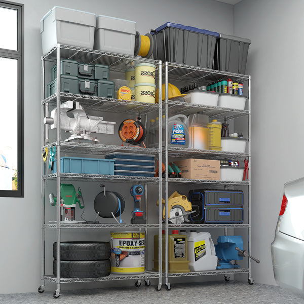 Six Layer Segmented Display Rack With Rubber Wheels M8 Adjustable Feet And 4 S-hooks For Free Adjustment Of Layer Spacing