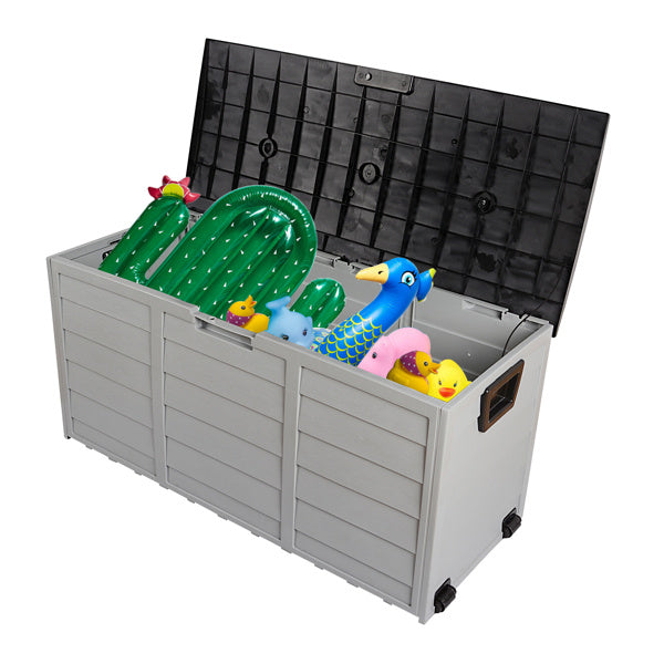 75-Gallon Outdoor Storage Box with Wheels – Black & Grey, Weather-Resistant