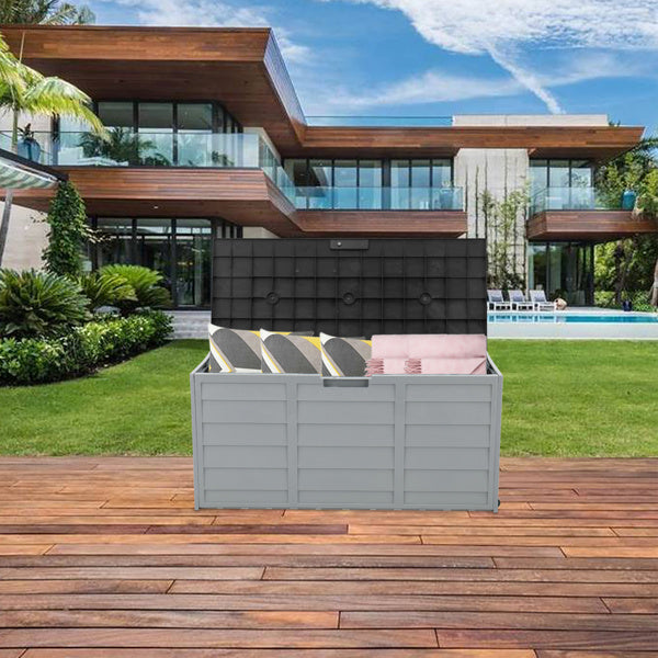 75-Gallon Outdoor Storage Box with Wheels – Black & Grey, Weather-Resistant