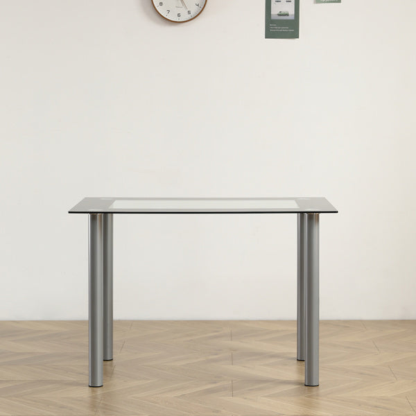 Simple Rectangular Cylindrical Leg Dining Table For 4 People Tempered Glass Stainless Steel Black Edging 110X70X75cm