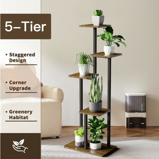 5-Tier Indoor Plant Stand – Multi-Level Wood & Metal Shelves