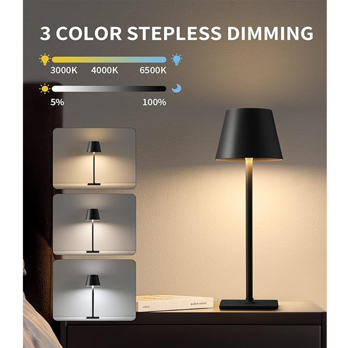 Cordless LED Desk Night Lamp 3 Color Dim 5000mAh