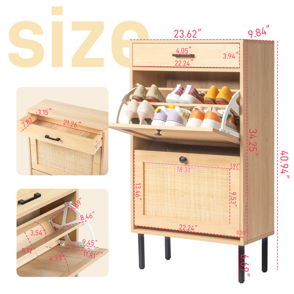 Rattan Shoe Cabinet with 2 Storage Bins, Drawer & Iron Legs – Natural & Black