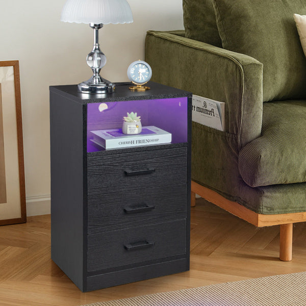 3-Drawer LED Bedside Table with USB Ports & Wireless Charging – Black