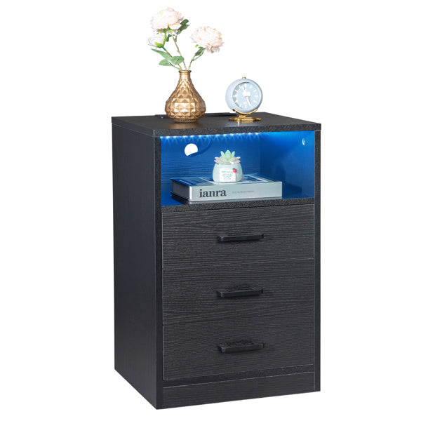 3-Drawer LED Bedside Table with USB Ports & Wireless Charging – Black