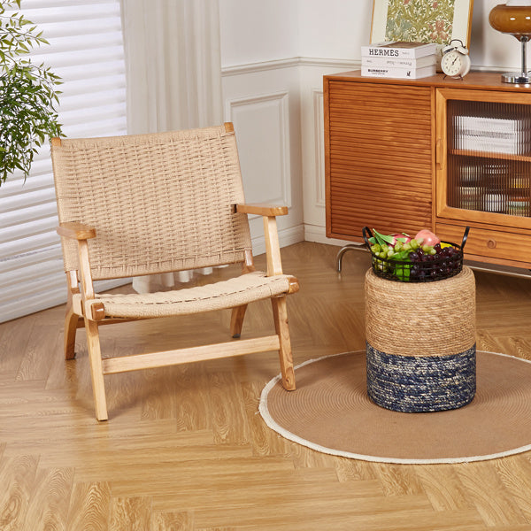 Handwoven Cattail Footstool – Natural & Blue, Sturdy Wooden Frame