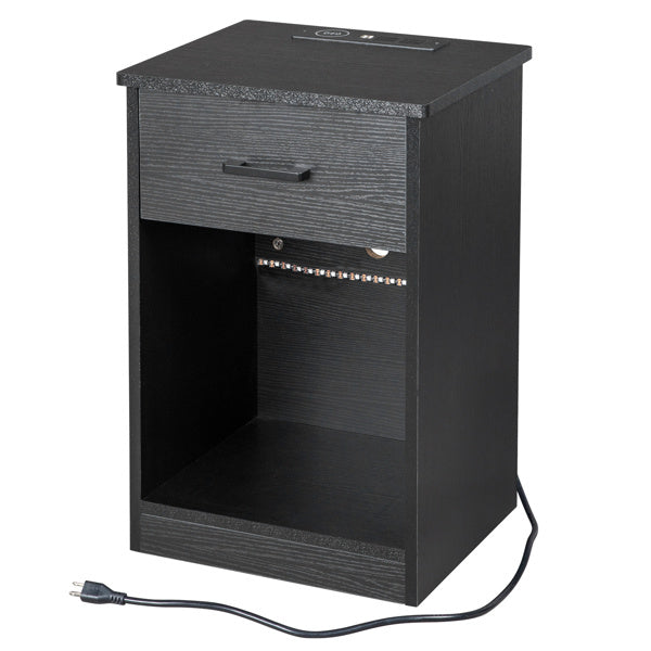 Single-Drawer Bedside Table with LED Light & Charging Station – Black