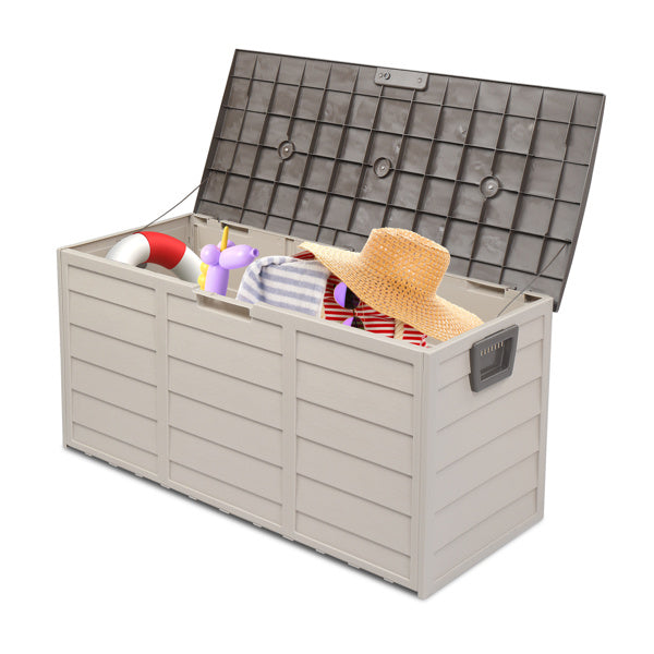 75-Gallon Outdoor Storage Box with Wheels – Brown, Weather-Resistant