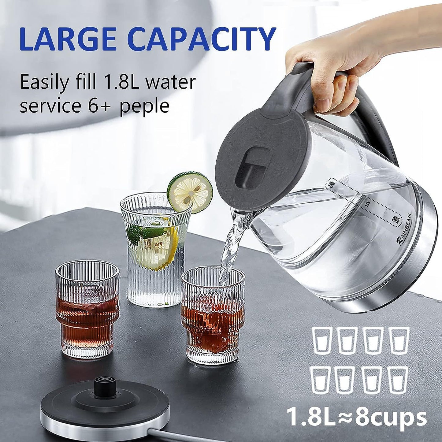 Electric Stainless Steel Glass Kettle Auto Shut-off 1.8L