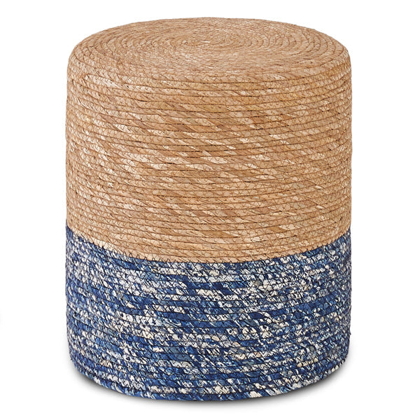 Handwoven Cattail Footstool – Natural & Blue, Sturdy Wooden Frame