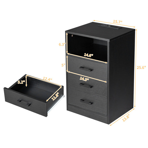 3-Drawer LED Bedside Table with USB Ports & Wireless Charging – Black
