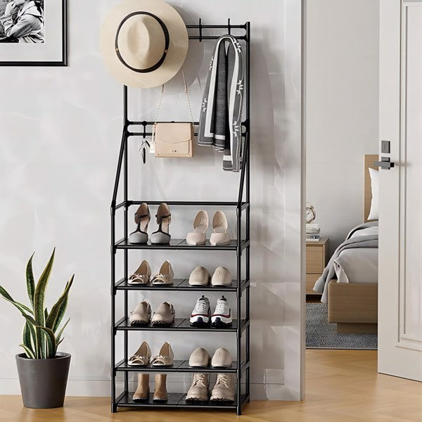 5-Tier Freestanding Entryway Shoe & Coat Rack with 8 Hooks