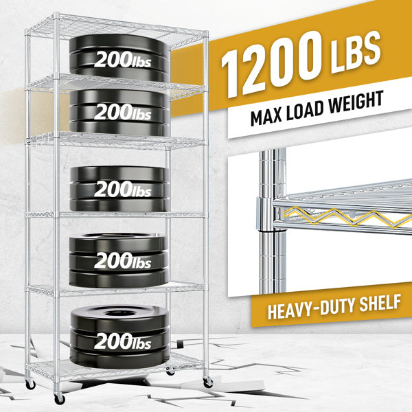 Six Layer Segmented Display Rack With Rubber Wheels M8 Adjustable Feet And 4 S-hooks For Free Adjustment Of Layer Spacing